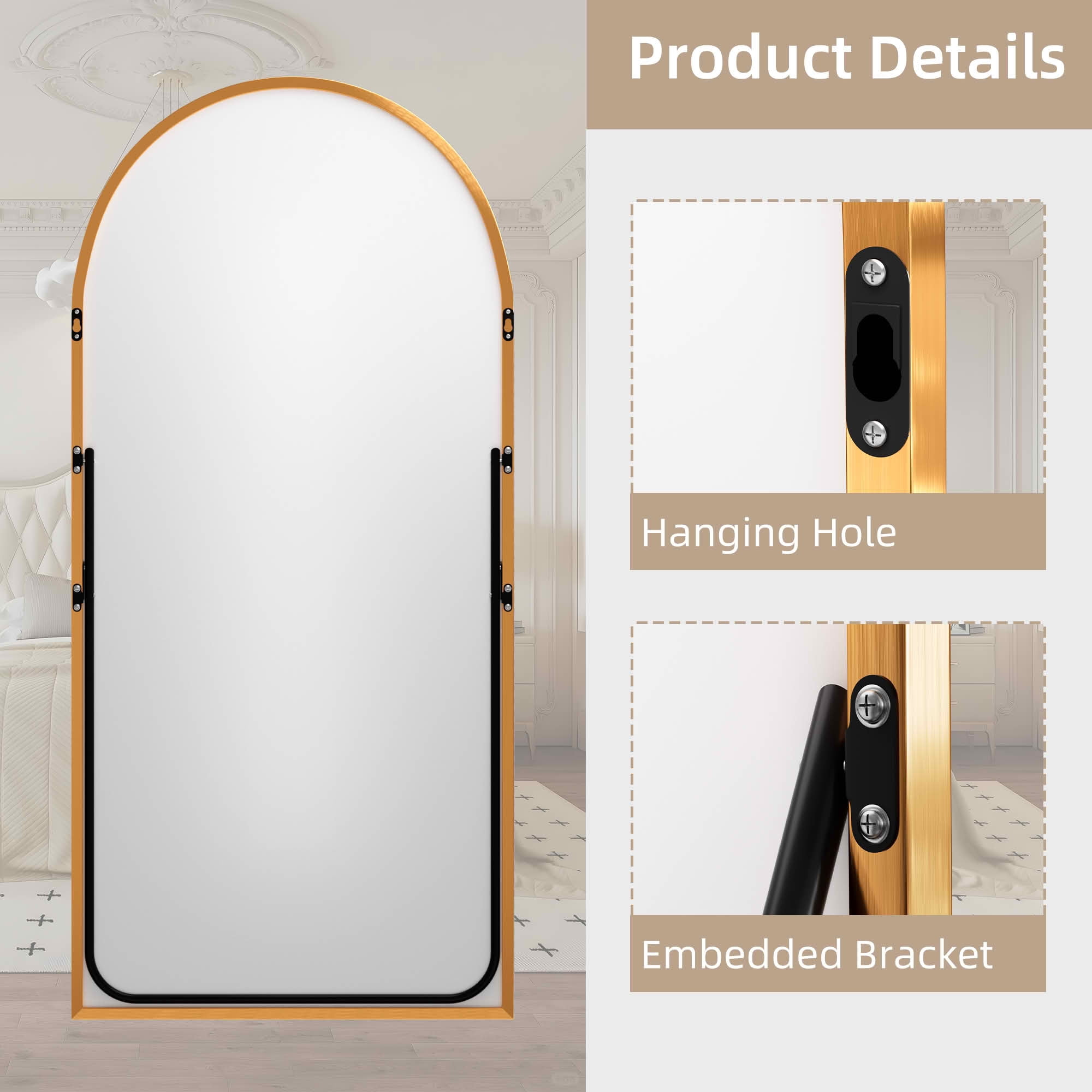 MAYEERTY 69x24x1 Inch Gold Thin Edge Aluminum Right Angle Arched Full Length Mirror with Stand for Bedroom