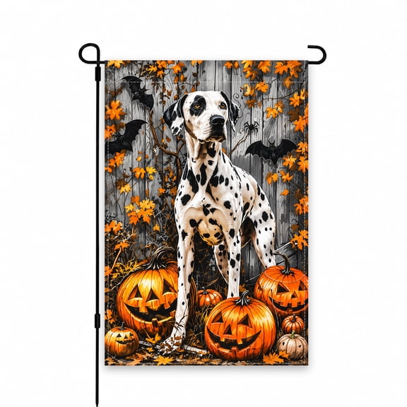 Halloween Dalmatian Garden Flag 12x18 Inch with Pumpkins & Bats - Fall Outdoor Decor for Lawn, Patio, Porch - Spooky Seasonal Yard Flag Display