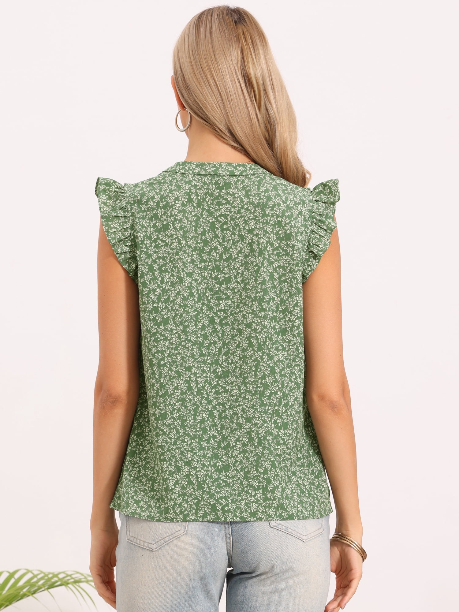 DARING DIVA Women's Summer Floral Tops Ruffle Cap Sleeve V Neck Chiffon Blouse L Green