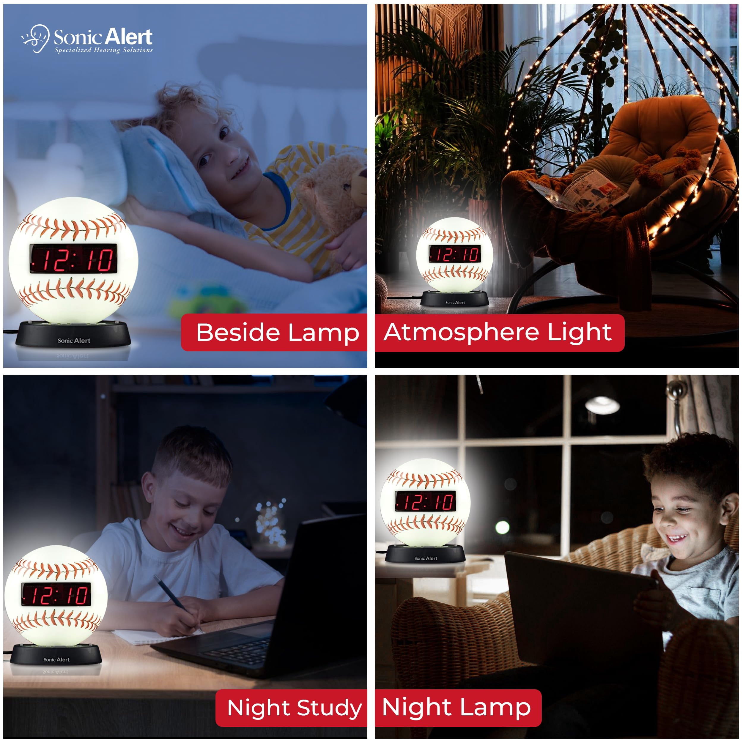 Sonic Alert - Glow Baseball Alarm Clock, Digital Display Alarm Clock for Kids - White
