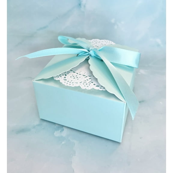 20 Boxes Blue Turqouise Color Candy Party Favor Box, Doillies Turqoise Satin Ribbon 3.5 x 3.5 x 2" Inch