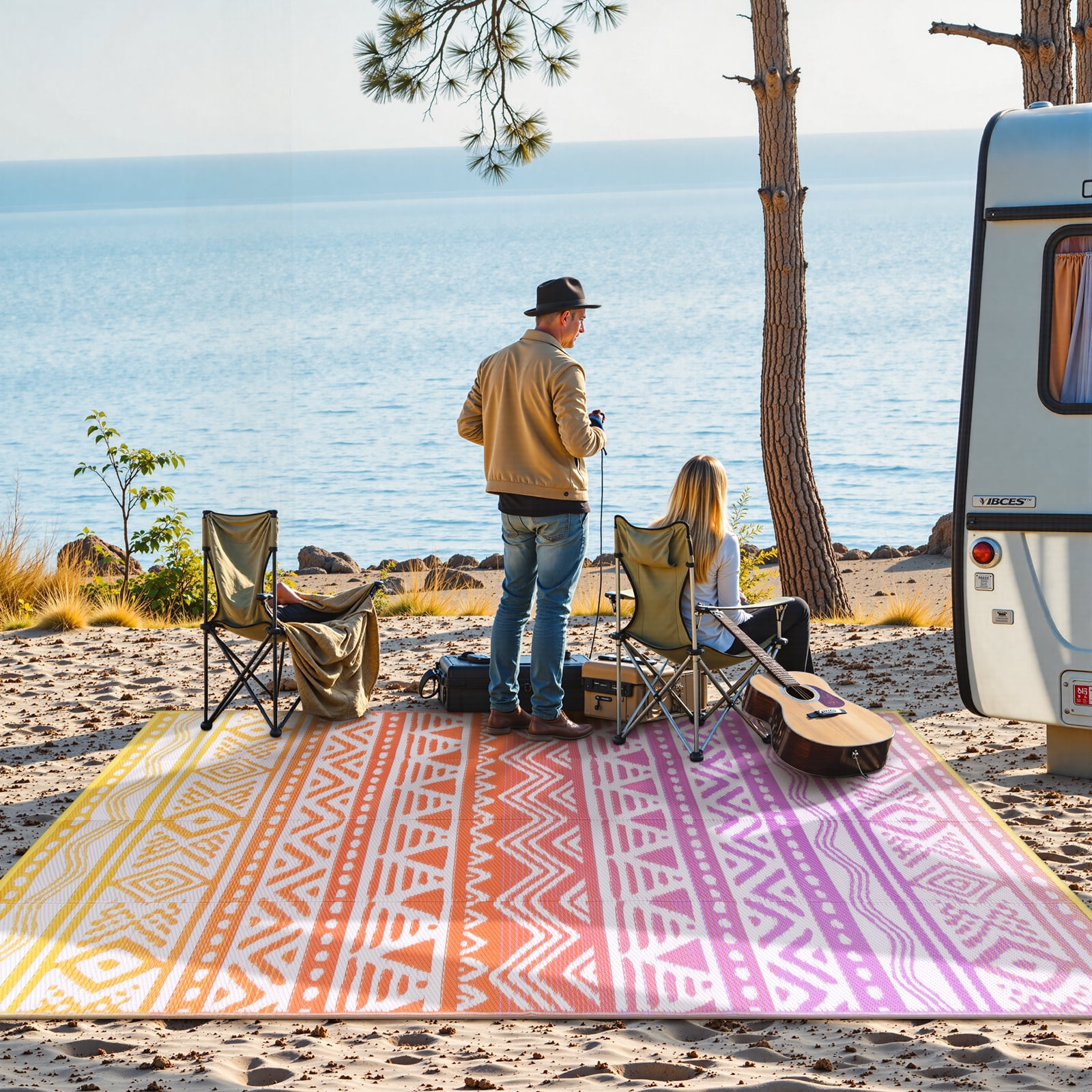 Moynesa Large Outdoor Rug Waterproof, 8'x10' Lightweight Plastic Straw Rug for Camping RV, Reversible Outside Carpet for Patio Deck Porch Balcony Picnic Tent, Orange/Purple