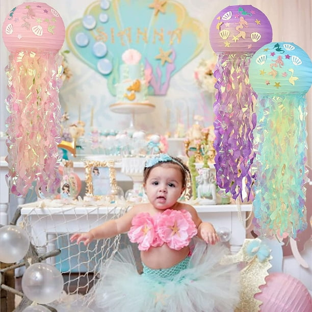 Mermaid Jellyfish Paper Lanterns Kit with LED Lights 3 Set Colors Mermaid Wishes Lanterns with Bright Strip Mermaid Stickers Lighted Up Mermaid