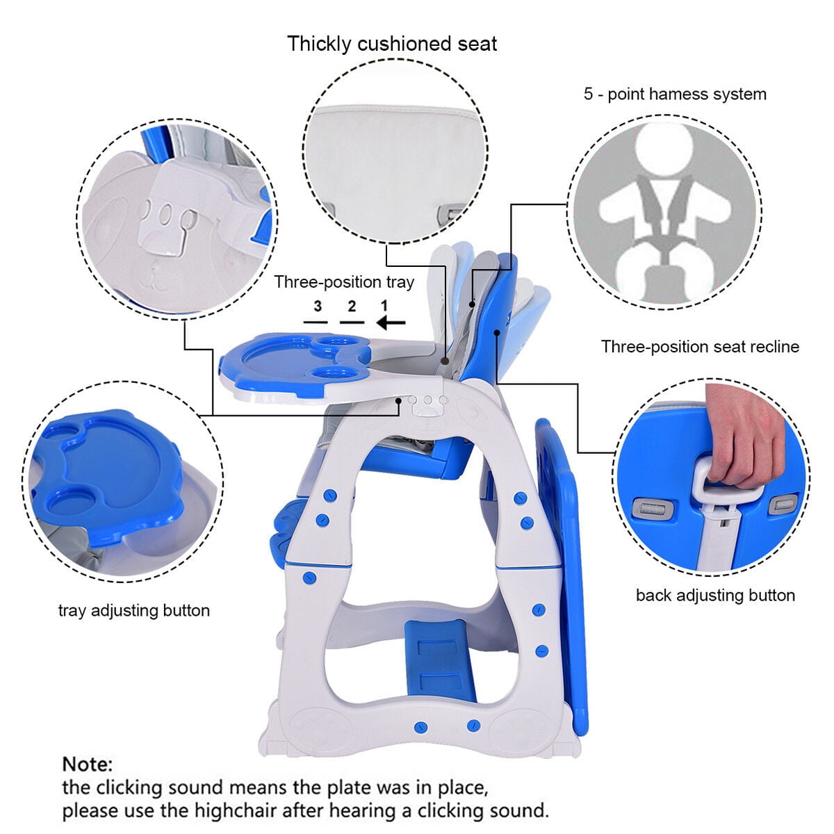 Costway 3 in 1 Baby High Chair Convertible Play Table Seat Booster Toddler Feeding Tray Blue