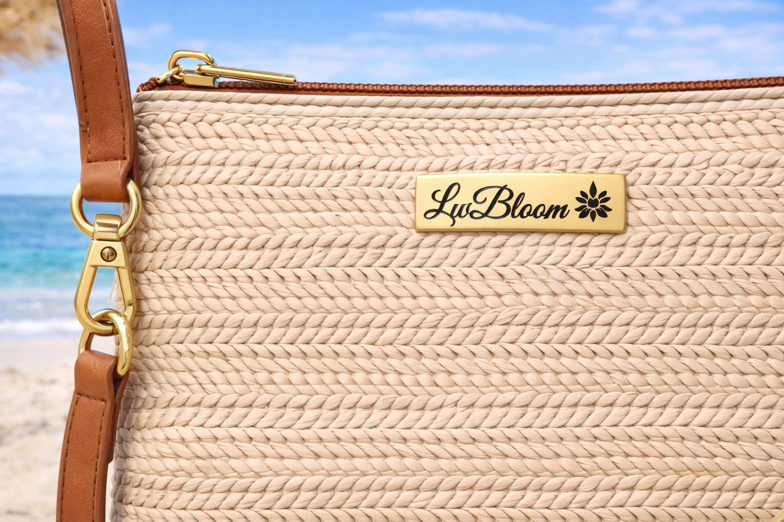 LwBloom Woven Straw Crossbody Purse for Women – Summer Beach Clutch Handbag with Adjustable Strap, Lightweight Vacation Shoulder Bag, Natural Beige