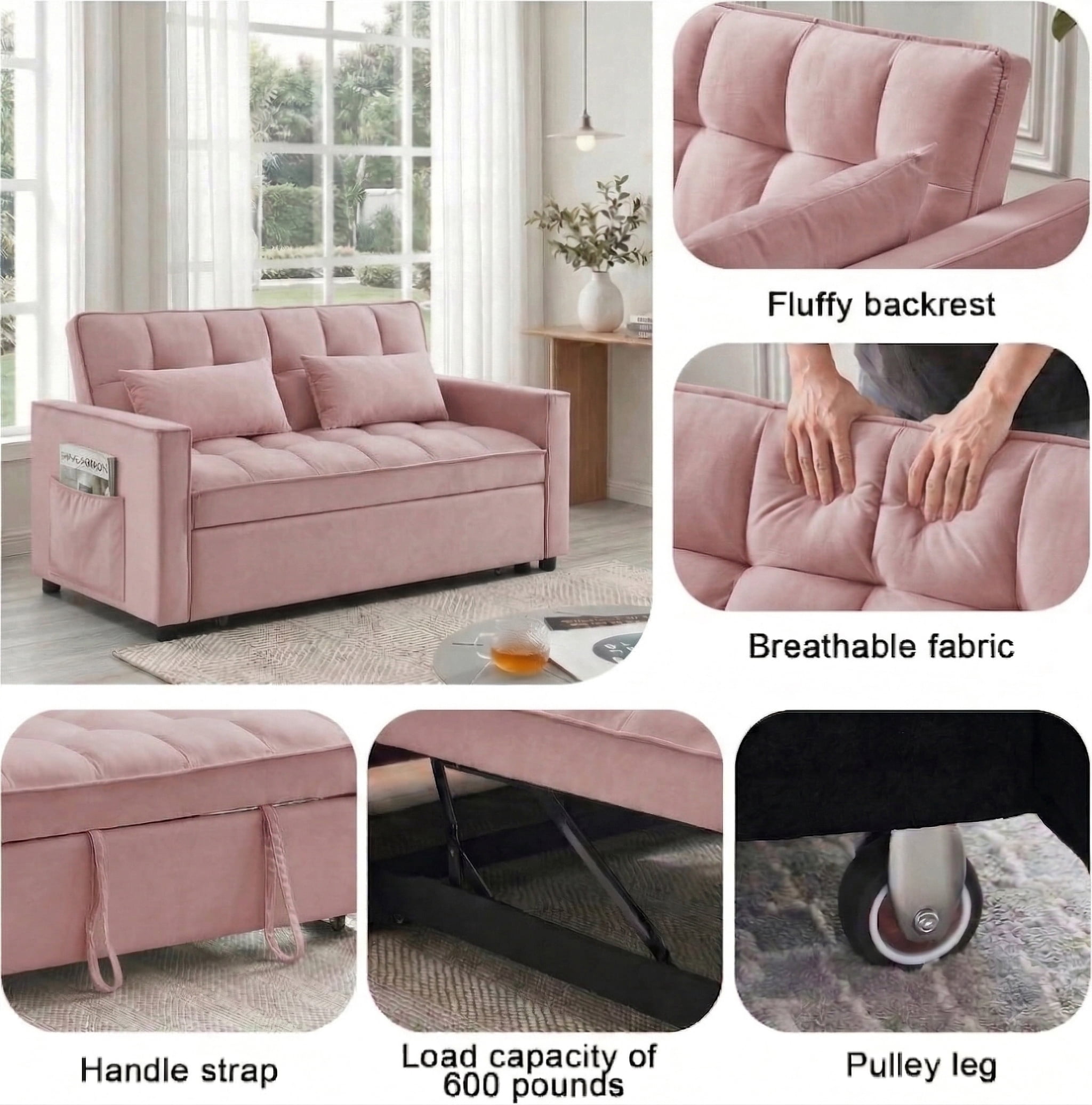 Avobird 3-in-1 Velvet Convertible Sleeper Sofa, Pull Out Couch Bed with Adjustable Backrest & Storage, Pink