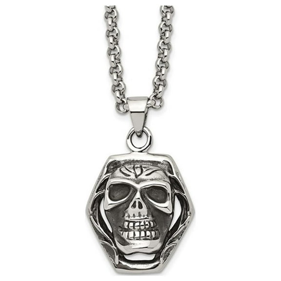 Stainless Steel Antiqued and Polished Skull Pendant Necklace with Chain (24 inches) for Men