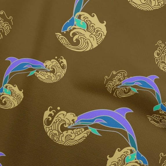oneOone Cotton Silk Bluish Violet Fabric Ocean Dolphin With Japanese Wave Dress Material Fabric Print Fabric By The Yard 42 Inch Wide