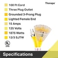 thumbnail image 4 of Thonapa 3 Outlet Lighted Outdoor Extension Cord 100 ft - 12 Gauge 15 Amp Heavy Duty Power Extension Cords - SJTW - Great for Major Appliances, Power Tools, Garden Supplies - Yellow, 4 of 4