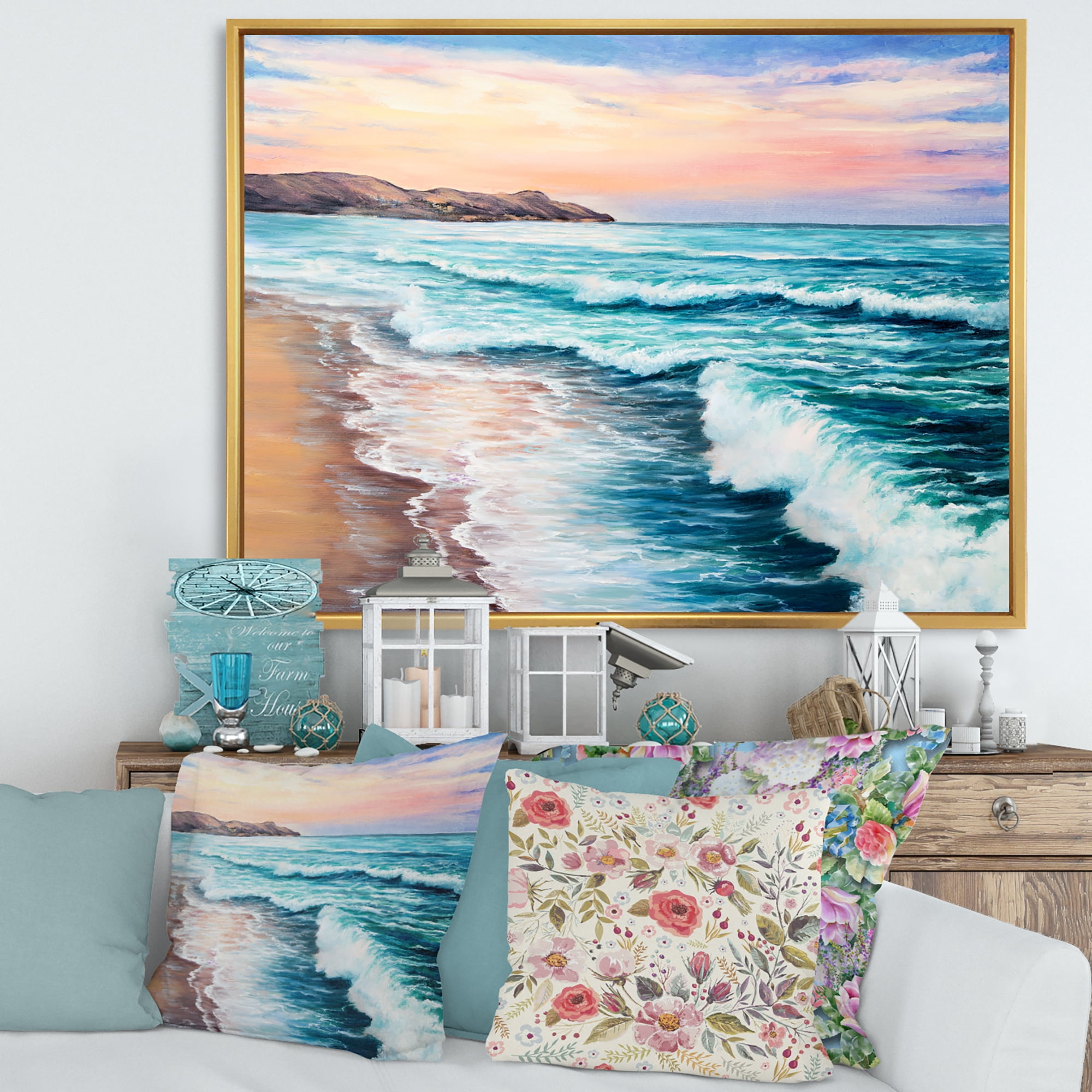 Designart 'Sunrise Glow On The Ocean Waves III' Nautical & Coastal Framed Canvas Wall Art Print