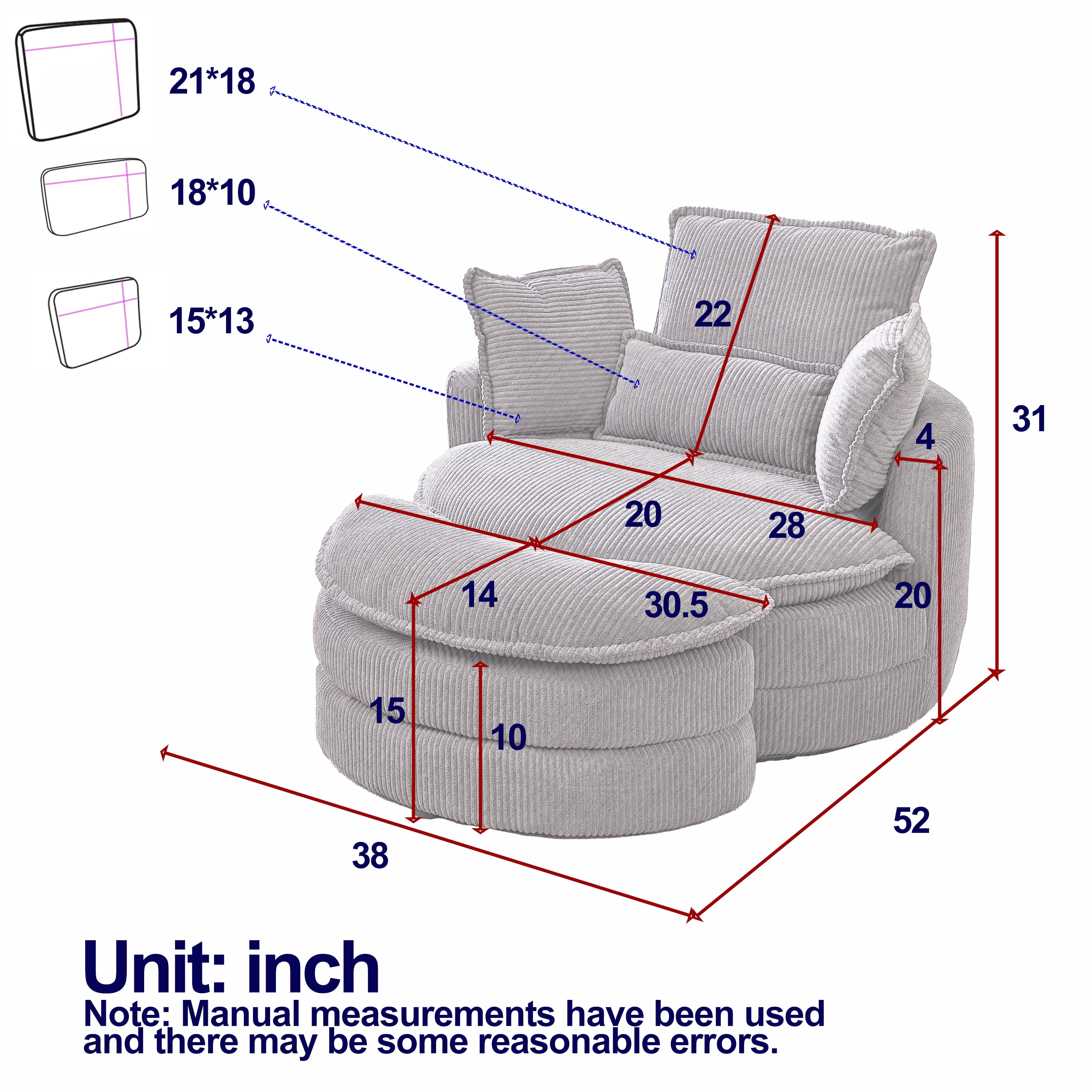 Dinosisco 38"W Oversized Swivel Accent Barrel Chair with Storage Ottoman, Beige Corduroy