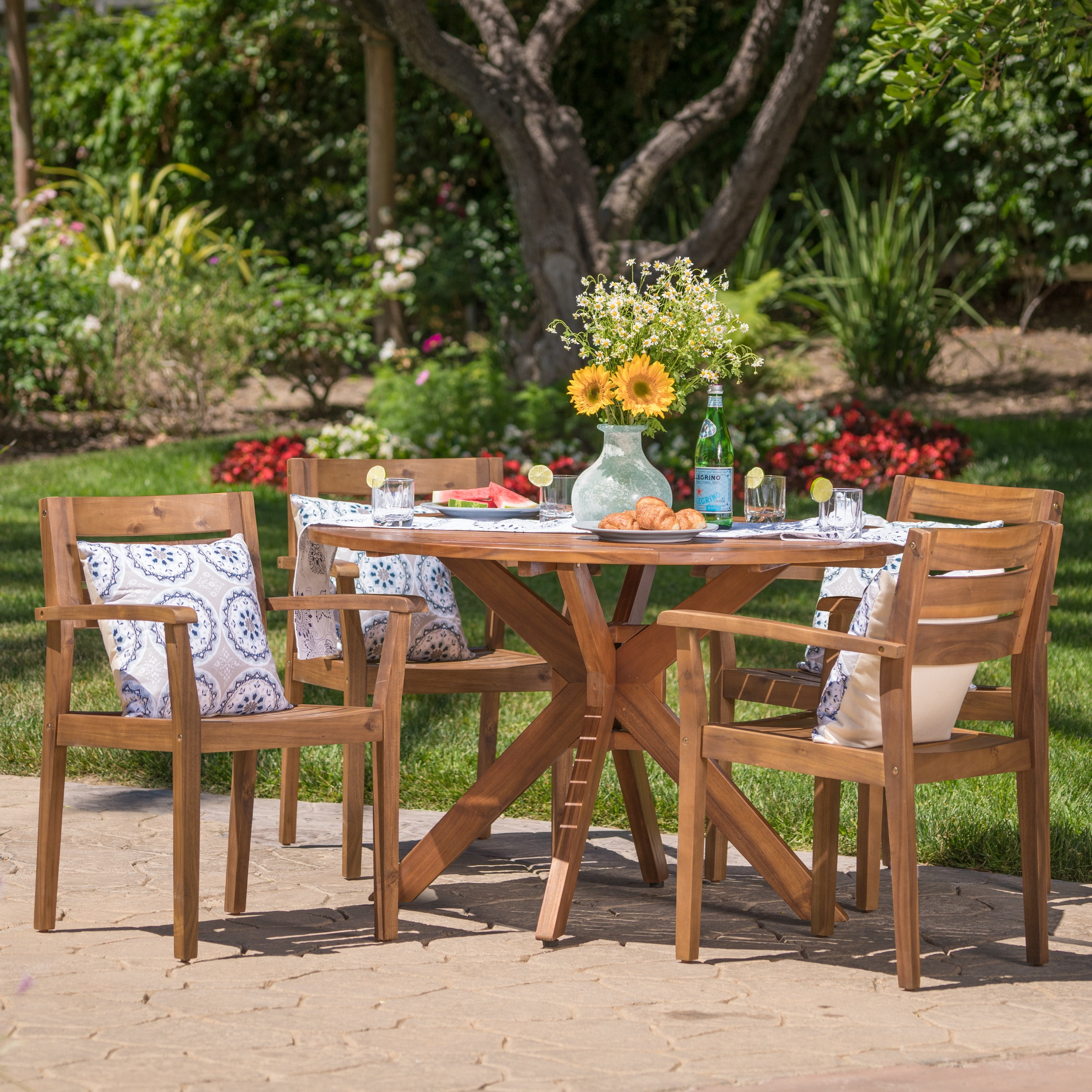 Buy Burke Outdoor 5 Piece Acacia Wood Round Dining Set, Teak Finish