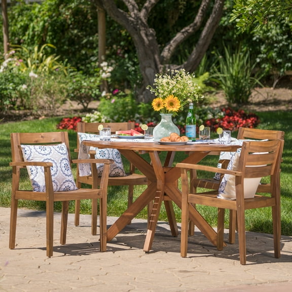 Burke Outdoor 5 Piece Acacia Wood Round Dining Set, Teak Finish
