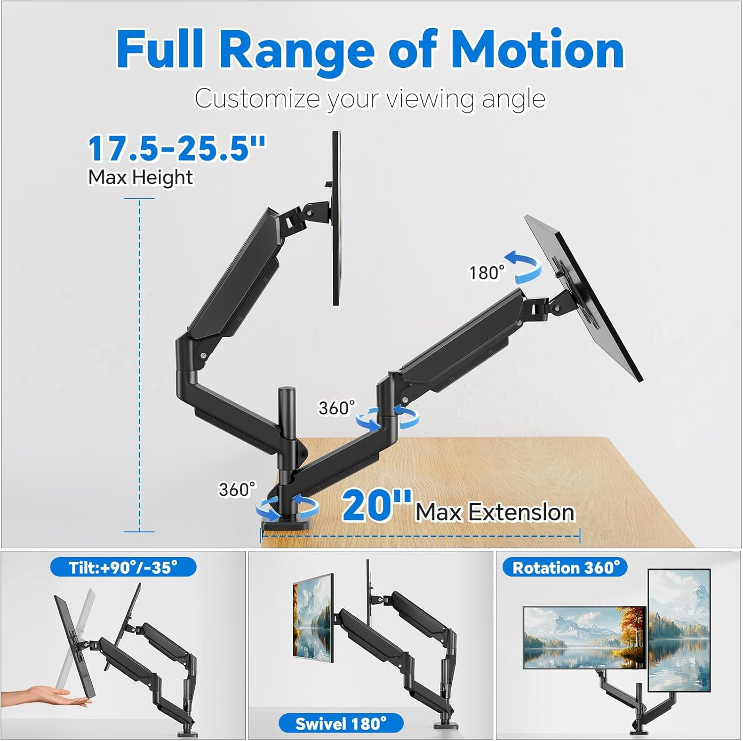 Dual Monitor Stand for 17-27 inch Computer Screens, Adjustable Monitor Riser Holds up to 20 lbs, Black