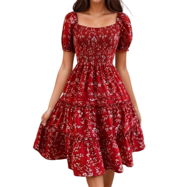 Summer Dresses Floral Casual Party V Neck Short Sleeve Wrap Waist Ruffle with Pockets Spring Dress Red S
