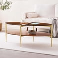 thumbnail image 3 of Rectangle Coffee Table Mid-Century Modern Design L W x H for Living Room - Structure Amber Glass Top and Walnut MDF Shelf Sleek Conical Metal Legs with Gold Finish, 3 of 8