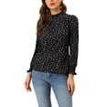thumbnail image 1 of INSPIRE CHIC Women's Ruffled Mock Neck Smocked Long Sleeve Printed Blouse XS Black-Dots, 1 of 8
