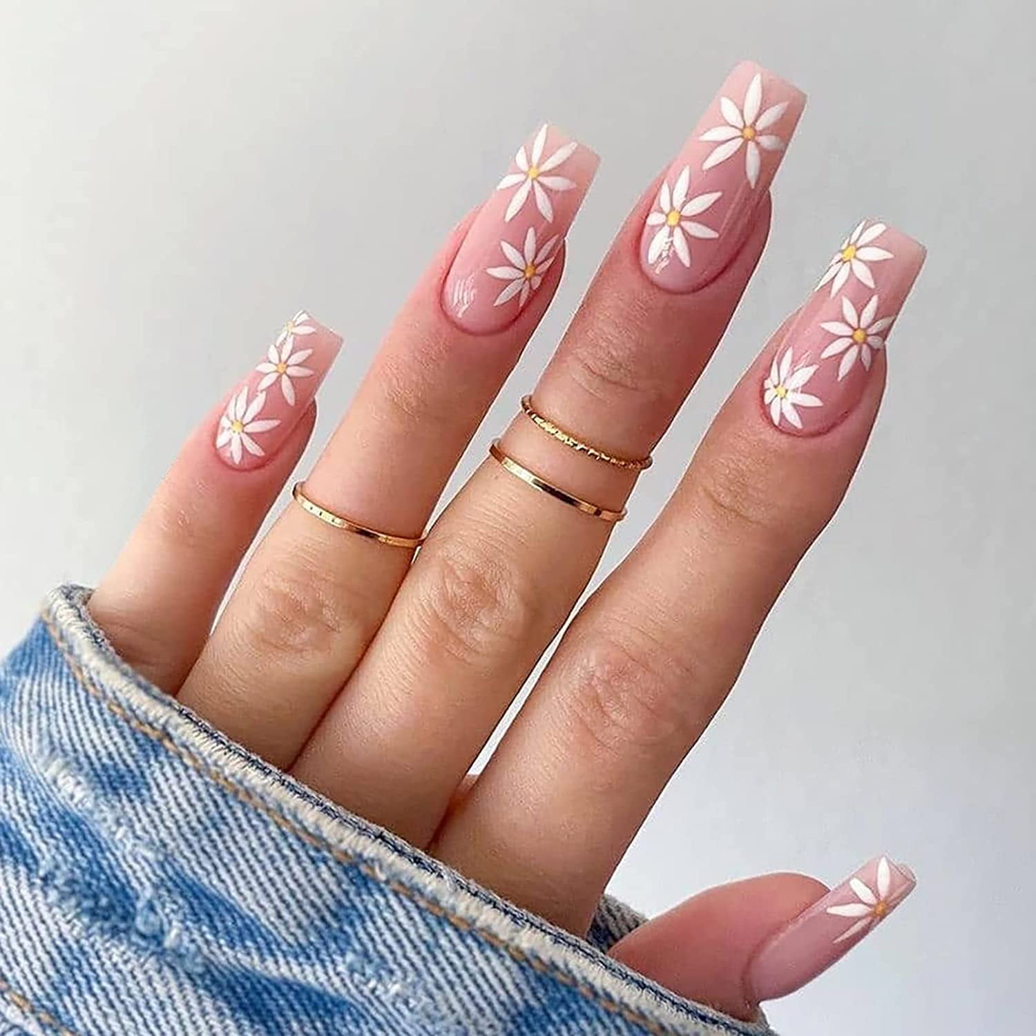 24 Pcs Press on Nails Long Coffin, Fake Nails with Nail Glue, False Nails  with Designs Acrylic Nails Glue On Nails for Women and Girls (Pink White  Flower) 