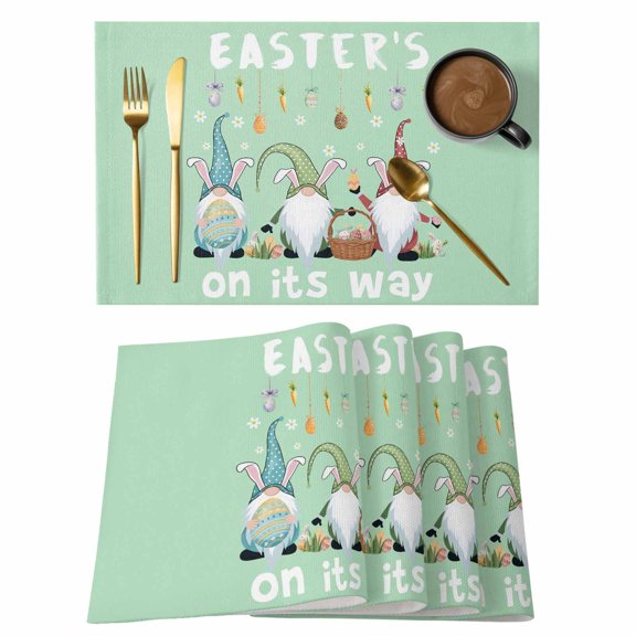Green Gnomes Easter Placemats Set of 6, Eggs Botanical Carrot Pastoral Placemats for Dining Table, Place Mats for Kitchen Tabletop, Waterproof Wipeable Dining Table Mats Set