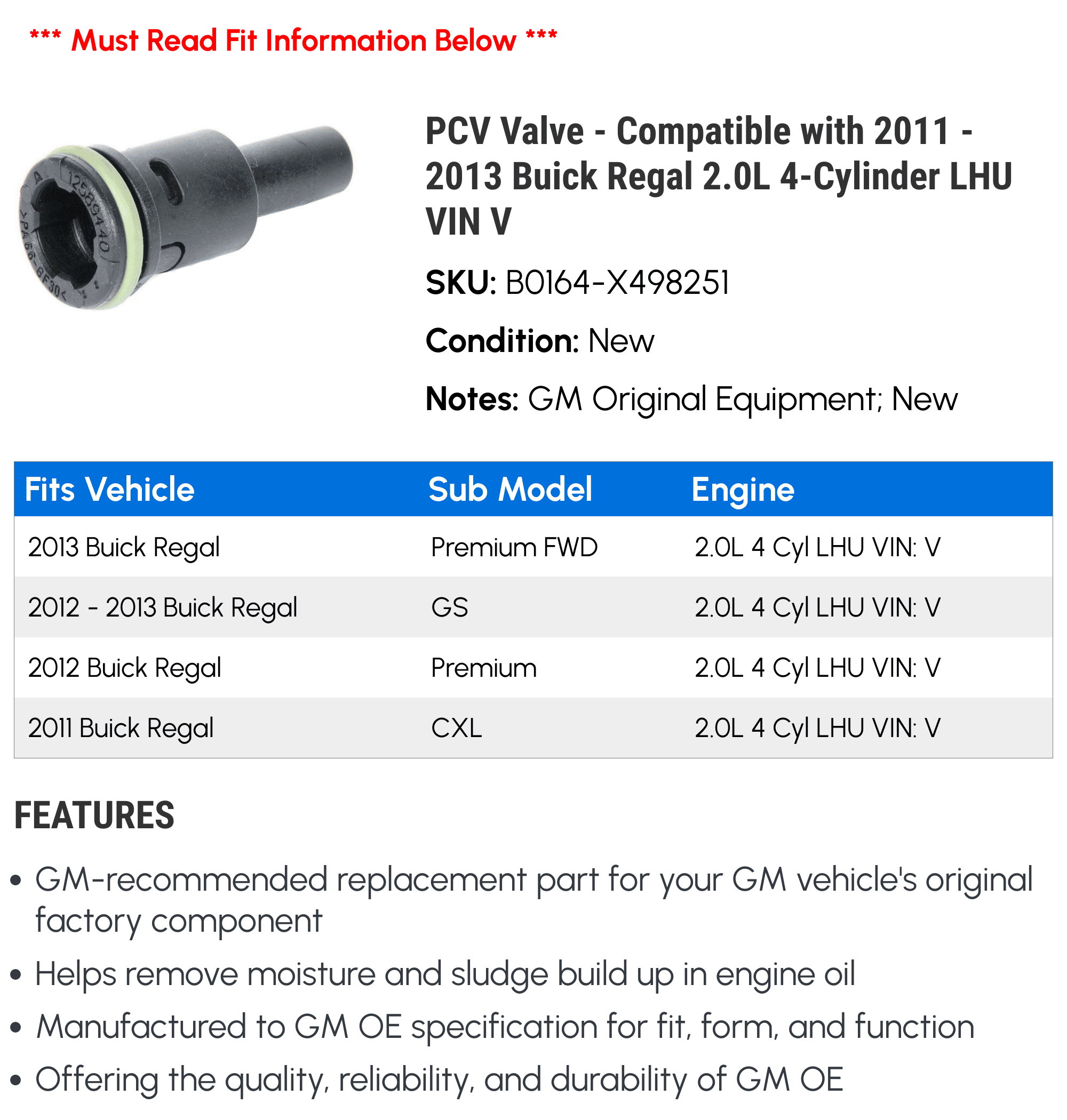 PCV ホース Compatible With Buick For Regal For Lacrosse 2010 2011