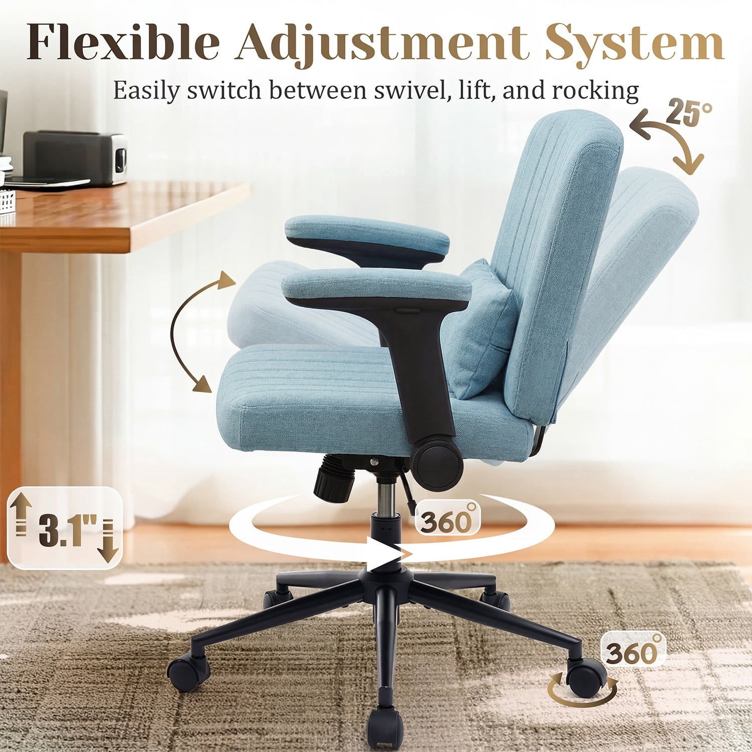IPKIG Ergonomic Office Chair with Wheels and Flip-Up Arms, Wide Seat Swivel Desk Chair for Home Office, Computer, Vanity in Linen Blue