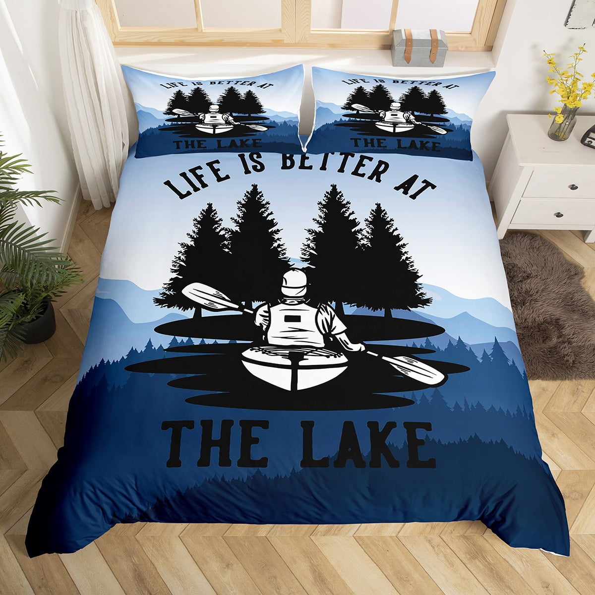 Lake House Bedding Set Twin Size, Smoky Mountains Lake Comforter Cover for Kids Teens Adults