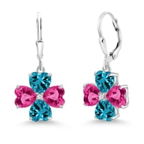 Gem Stone King 925 Sterling Silver Pink Created Sapphire and London Blue Topaz Dangle Earrings for Women (7.02 Cttw, Gemstone September Birthstone, Heart Shape 6MM)