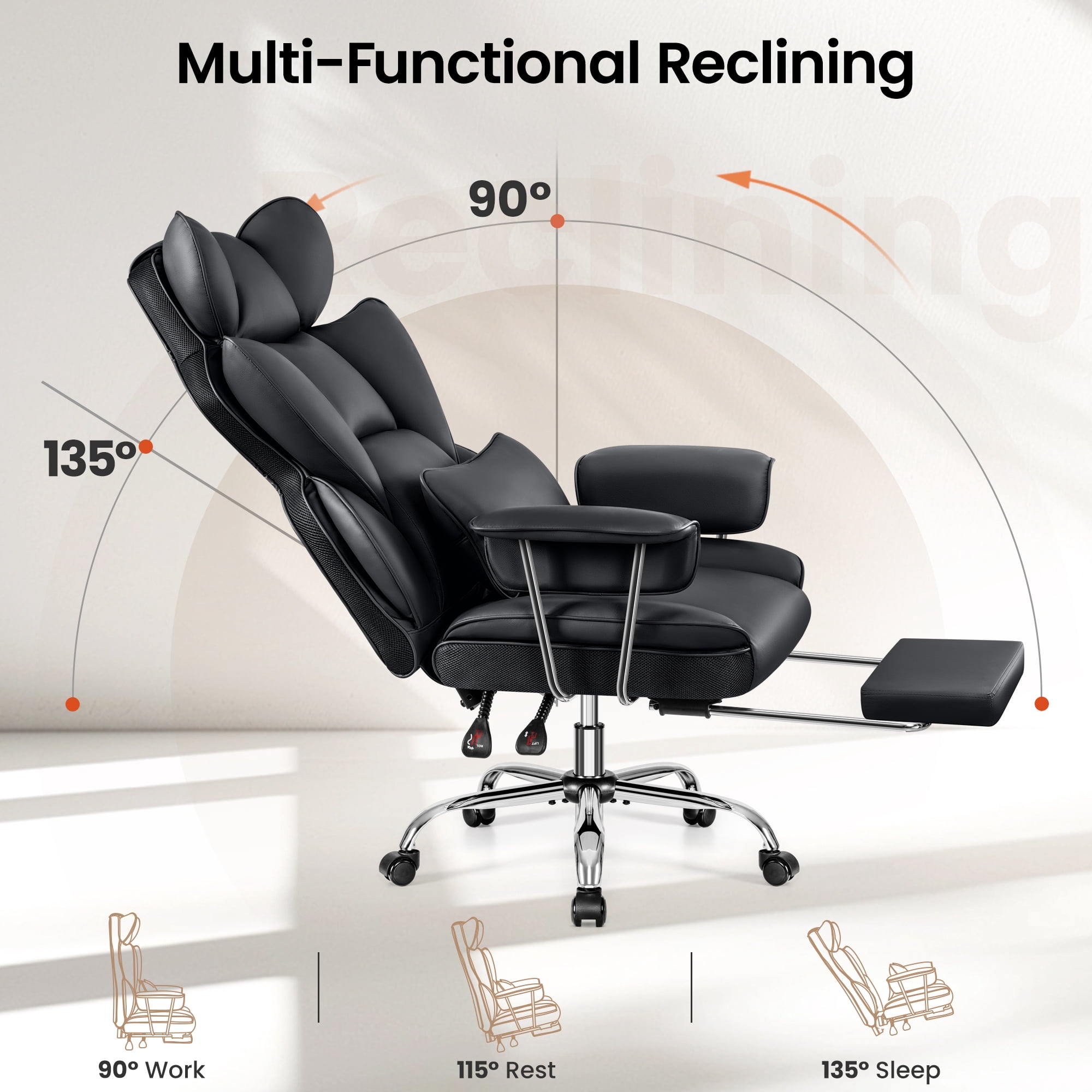 Primy High Back Office Chair, Big and Tall PU Leather Executive Chair with Footrest – Ergonomic Reclining Computer Desk Chair, High-Density Foam, Heavy Duty Swivel Rolling Chair, Black