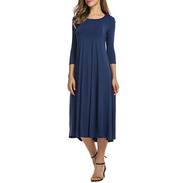 Sonducket Vestido de mujer Cuello Otoño Vestido de mujer Traje de cuello Media manga Vestido de columpio grande Vestidos Azul oscuro XXL