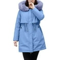 thumbnail image 2 of Women's Mid-Length Parka, Belted Waist Faux Fur Collar Jacket, Thickened Fleece Lined Winter Coat, Casual Winter Outerwear, Plus Size Winter Jacket Blue XL, 2 of 8