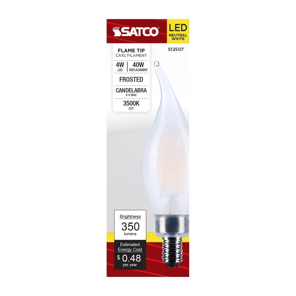 SATCO S12507 CA10 LED Flame Light Bulbs 4W 120V Frosted Glass 3500K 350 Lumen E12 Candelabra Base Dimmable Wet Location (6 Pack)