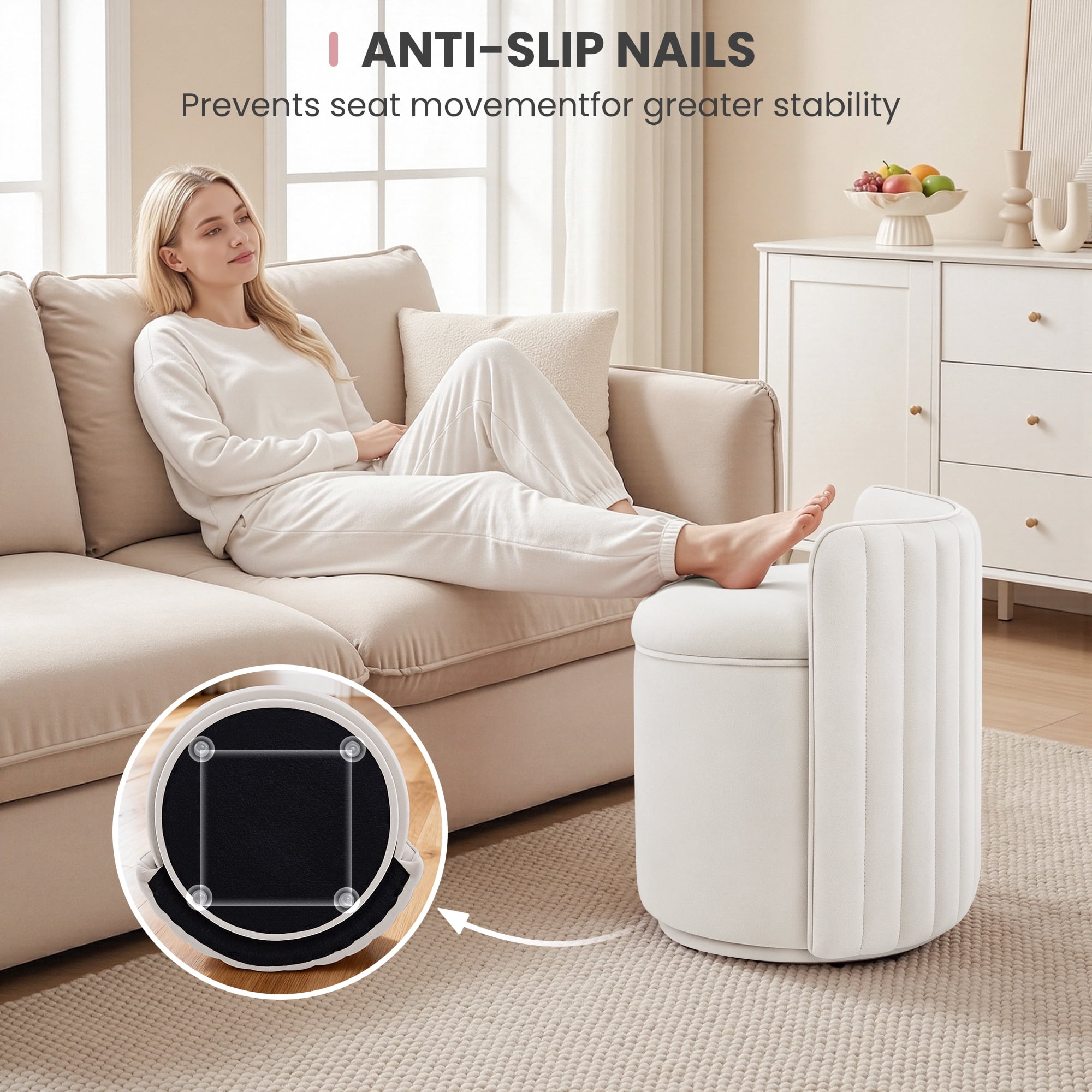 ATHOPE Vanity Chair with Storage, Velvet 360° Swivel Chair with Back, Modern Round Upholstered Bedroom Chair, Comfy Makeup Chair for Dressing, Living Room, No Assembly Required, Beige