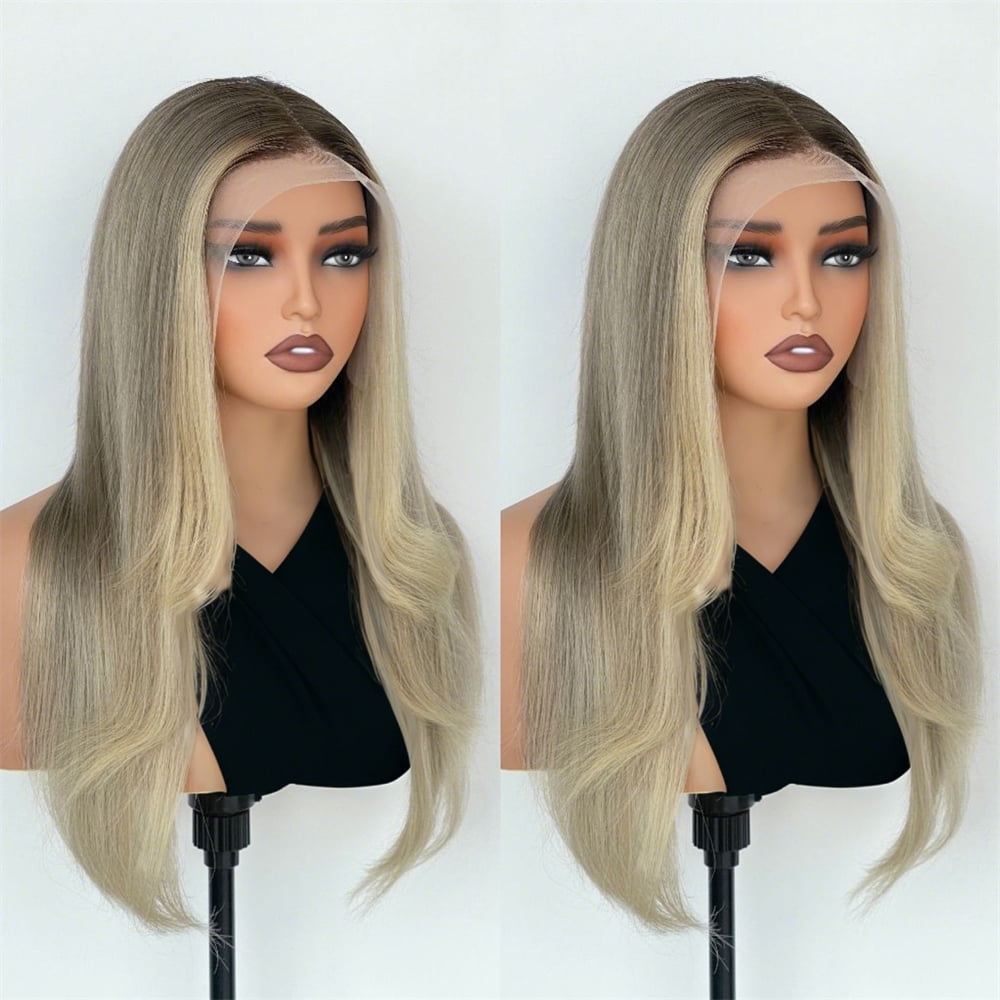 Mint Beige Blonde Ombre Highlight Lace Front Wigs Human Hair Pre Bleached Pre Plucked HD Transparent Lace Frontal Virgin Human Hair Wigs 180% Density Layered Cut Style Wig Human Hair With Baby Hair