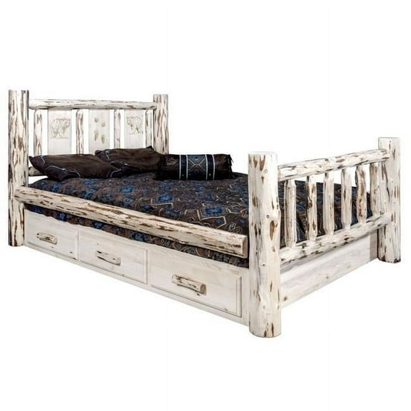 Montana Collection King Storage Bed w/ Laser Engraved Bear Design, Ready to Finish