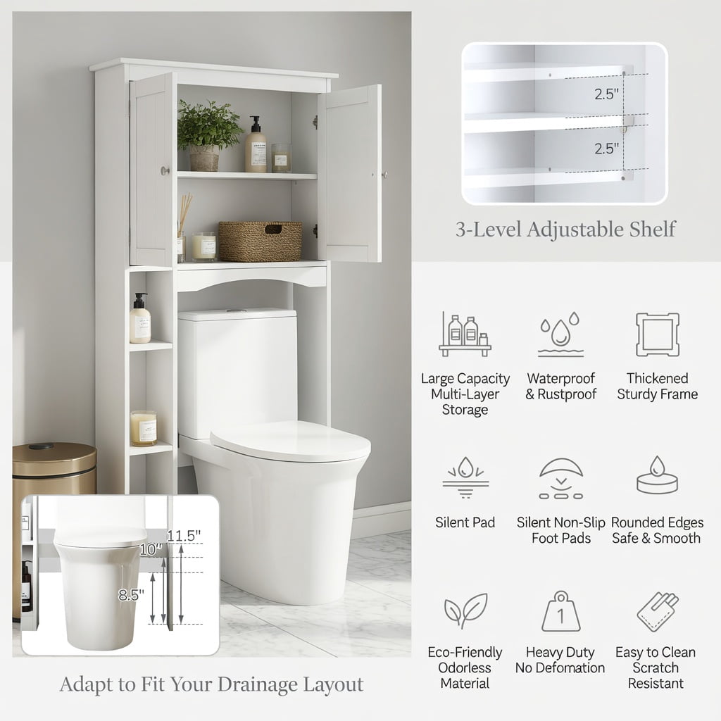 Hommoo Over the Toilet Storage Cabinet with Adjustable Shelf & Bottom Bar, Modern Bathroom Organizer for Small Spaces, White