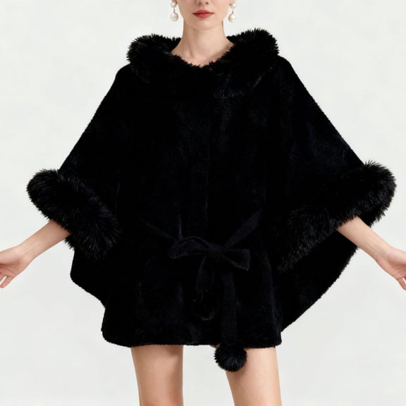 Warop Women's Faux Mink Fur Poncho Cardigan, Solid Color Plush Thickened Coat, Thermal Warm Loose for Casual Daily Wear