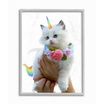 Stupell Industries Floral Kitten Fantasy Feline Rainbow Horn and Tail Framed Wall Art Design by Ziwei Li, 16" x 20", Gray Framed
