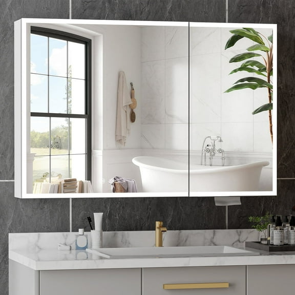 Jarbalai Bathroom Medicine Cabinet with Mirror and Lights, 39" x 23" Wall Mounted LED Storage Cabinet, Anti-Fog Dimmable Touch Sensor, Memory Function, Matt Cream