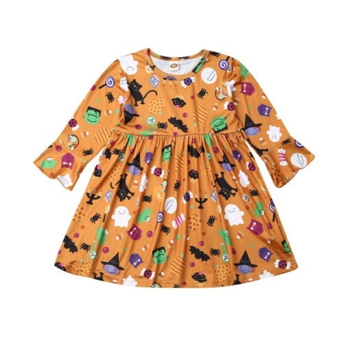 Toddler Kid Baby Girls Halloween Outfit Long Sleeve Pumpkin Dress Sundress Princess Dress Headband Clothes Set