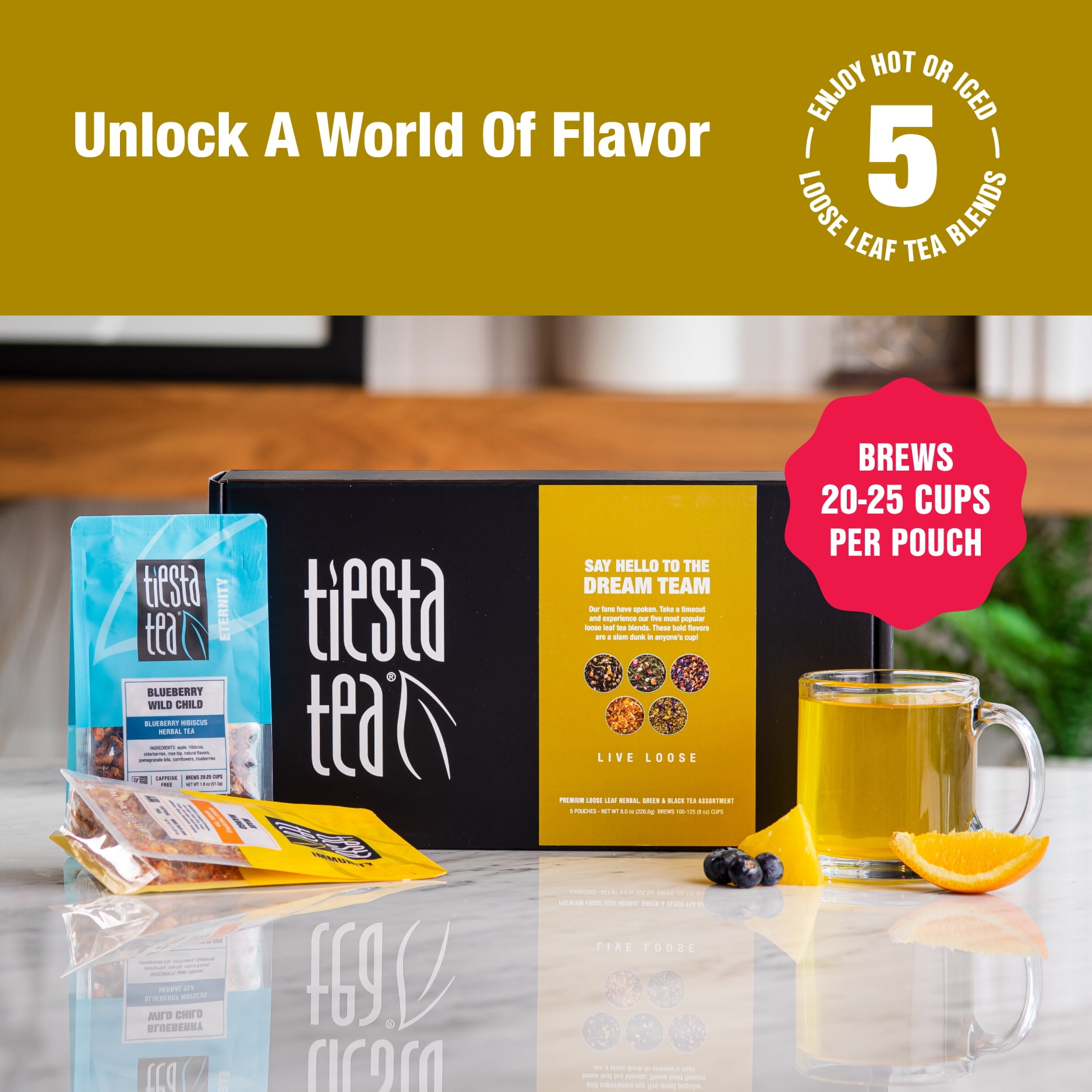Tiesta Tea - Tiesta's Top Loose Leaf Tea Gift Box, High to Non Caffeinated Tea Variety Pack, Make Hot & Iced Tea, 5 Pouches of Assorted Tea Blends with Green, Herbal, Black & Fruit Tea Bags