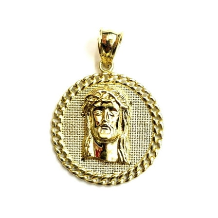 10k yellow gold round Jesus face head pendant charm religious jewelry 0.97" 3.7g