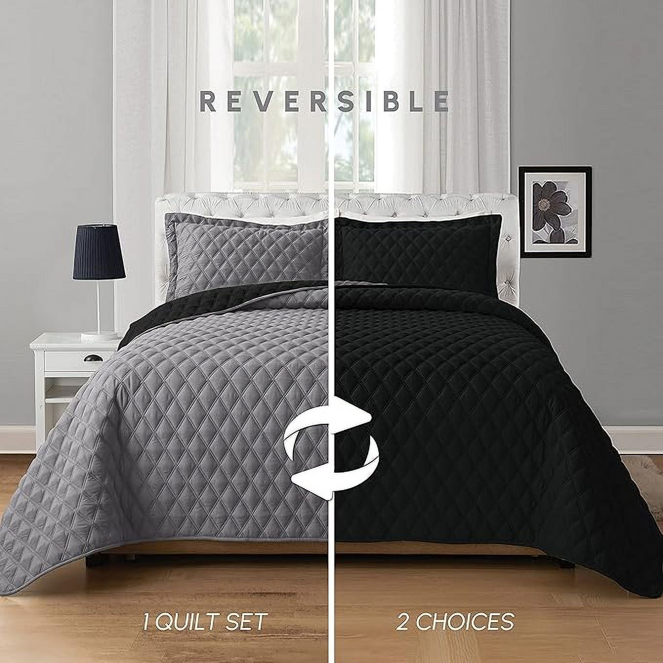 Elegant Comfort 3-Piece Quilted Reversible Bedspread Coverlet Set with Pillow Shams, Exquisite Diamond Stitching All Season Heavy Weight - Ultra Soft Premium Quilt- Twin, Black/Gray
