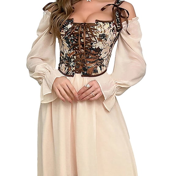 QSAWXQZ Women's Floral Overbust Corset Adjustable Straps and Front Lace Up Fashionable Body Shapewear Khaki-3 S