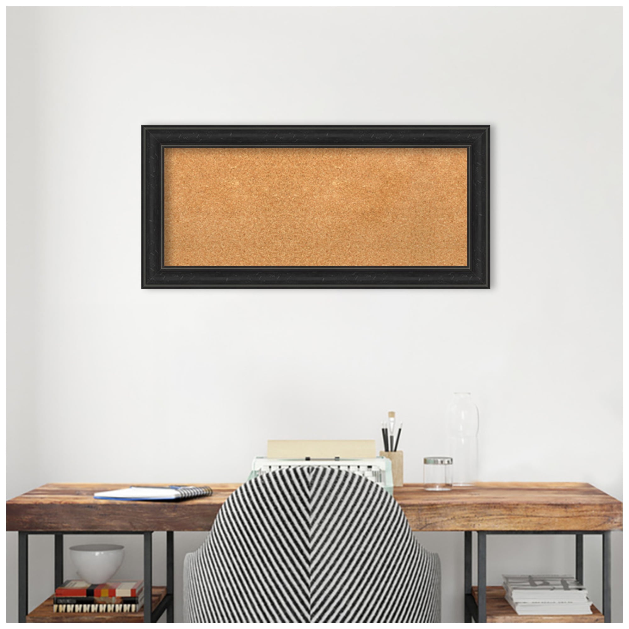 Amanti Art Natural Cork Board Framed Shipwreck Black Narrow Bulletin Board 34 in. x 16 in.