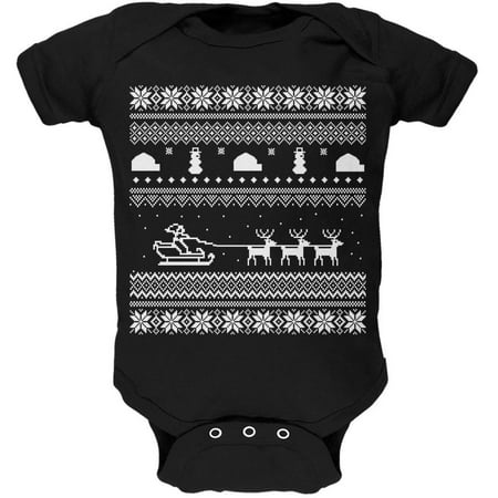 Santa Sleigh Ugly Christmas Sweater Black Soft Baby One Piece