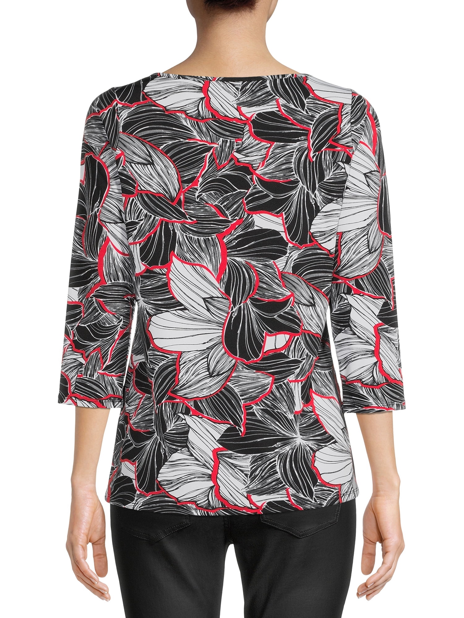 Sunny Leigh Womens Print Cut-Out Top with 3/4-Length Sleeves