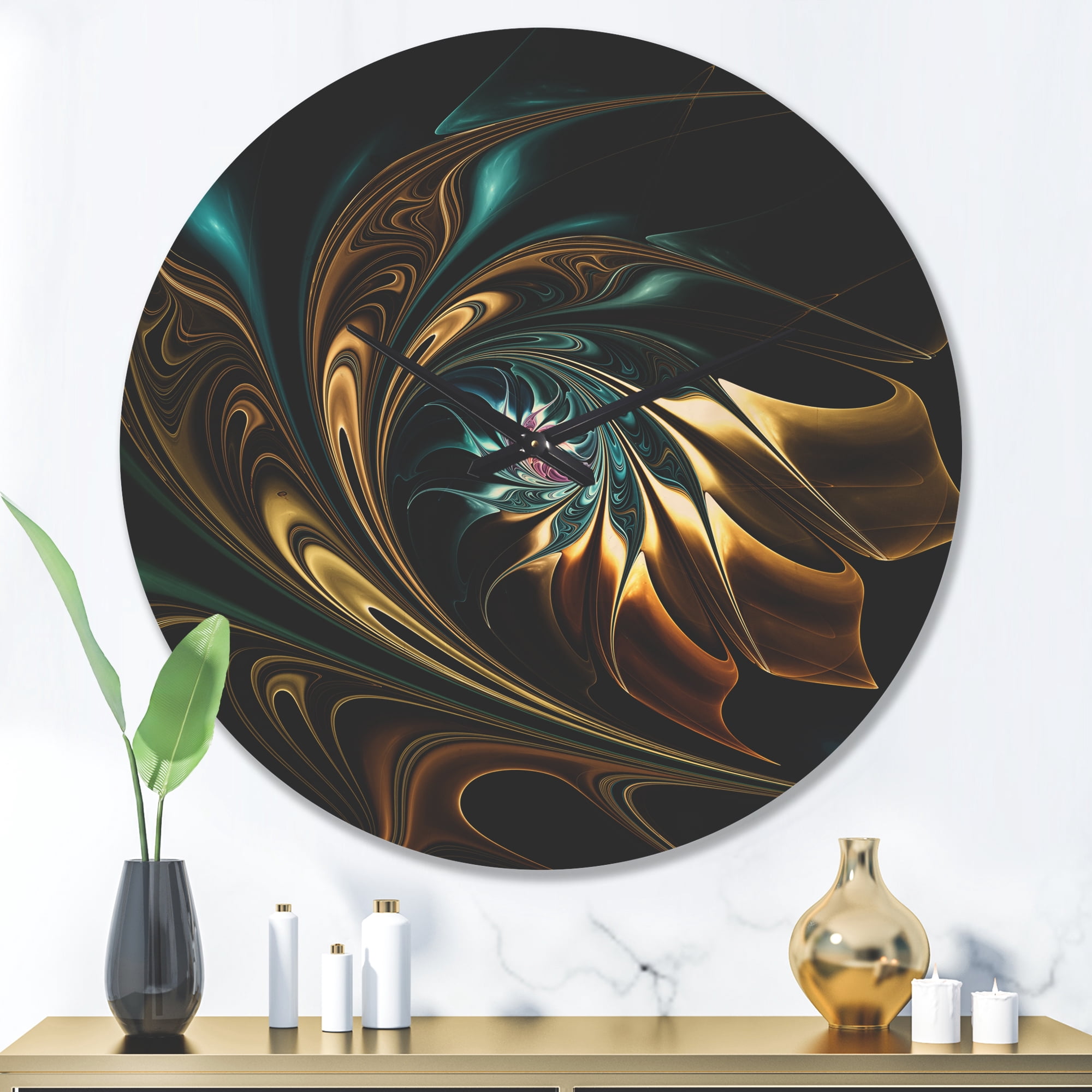 Designart 'Blue Brown Fractal Flower in Black' Modern Wood Wall Clock