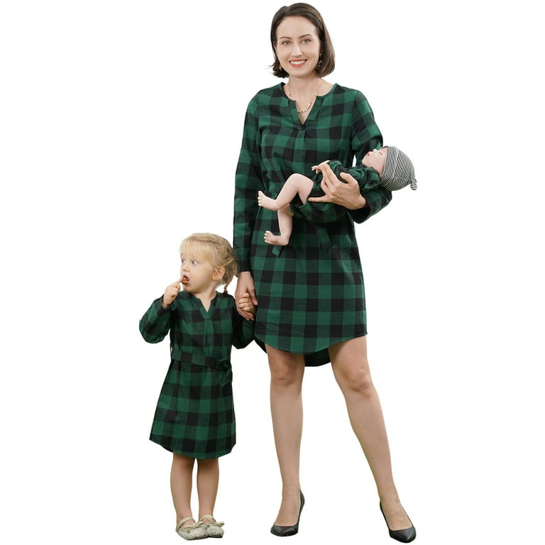 Fymnsi Mommy and Me Christmas Outfit Plaid Gingham Print Dresses Holiday Party Family Matching Dress Green (Women L), Women's, Size: Mom: Large