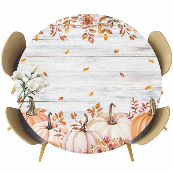 Fall Pumpkins Round Tablecloth, Fitted Table Cover with Elastic for 55"-60" Round Tables, Thanksgiving Wildflowers Autumn Leaves Wood Table Cloth Outdoor Indoor Dinning Party Waterproof Tablecloths