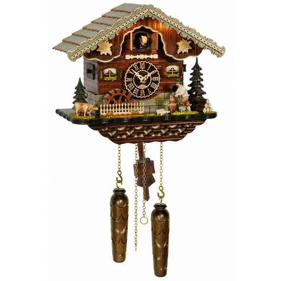 Quartz Cuckoo Clock Black Forest house with moving wood chopper and mill wheel, with music and light et l'éclairage